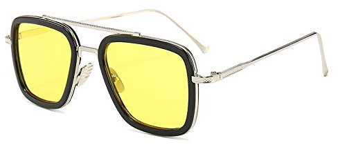 Iron Man Sonnenbrillen Herren Trendy Brillen Fashion Square Sonnenbrillen Silberrahmen schwarzer Kreis gelber Film