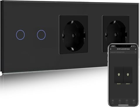 BSEED Enchufe Doble Normal con Interruptor de luz WiFi,Compatible con Alexa y Google Home,Control de APP y Función de Temporizador,2 Gang 1 Vía WiFi Interruptor de Luz con Enchufe Doble Negro