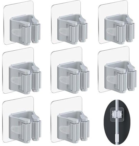 VEGCOO 8 Piezas Colgador Escobas Pared, Colgador Escobas y Fregonas, Adhesivo Soporte Escobas Pared sin Perforar, Organizador para Herraminetas Limpias en Hogar Restaurante Oficina y Garaje (Gris)