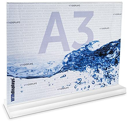 VITAdisplays DIN A3 Werbeaufsteller im Querformat mit massiver, satinierter PLEXIGLAS Basis, T-Ständer, T-Aufsteller als Tischaufsteller