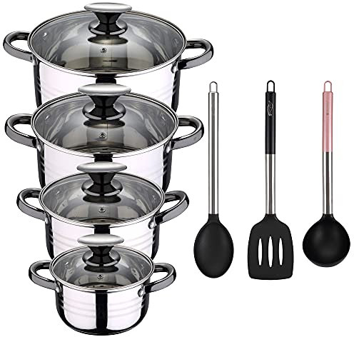 Bateria de cocina 8 piezas apta para induccion SAN IGNACIO Hita en acero inoxidable con set de 3 utensilios de cocina en nylon