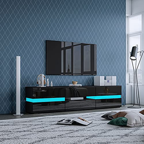 TV Stand with LED Lights, Modern High Gloss TV Cabinet TV Unit 177CM with 2 Doors and 1 Drawer for Bedroom Living Room Home Furniture (Black)