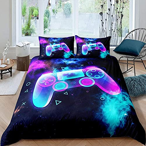 HUA5D Juego De Ropa de Cama Infantil 90, 135x200, Gaming Niño Negro Gamepad Cuadro, Microfibra, Funda Nordica Cremallera & 2 Funda De Almohada(A345)