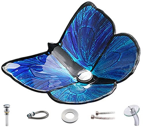 XYEJL Tempered Glass Wash Basin Pastoral Wind Glass Above Counter Sink Hotel Bathroom Vanity Butterfly Type with Waterfall Faucet Basin and Drain Fittings,blue