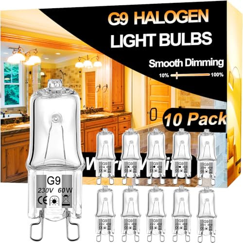 Vinaco G9 Halogen Leuchtmittel 60W, 10er Pack Gluhbirn G9 60W Lange Lebensdauer, Halogen Dimmbar Warmweiß 2800k, Stiftsockellampe 60 Watt Geeignet für Kronleuchter, Kabinettbeleuchtungen