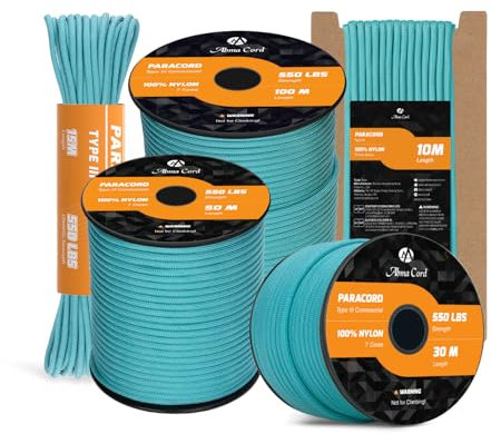 Abma Cord Paracord 550 4mm 30M 100% Nylon Seil Typ III Schnur mit 7 Kern für Basteln, Camping, Survival, Outdoor - Max. 250kg (550lbs) - Türkis
