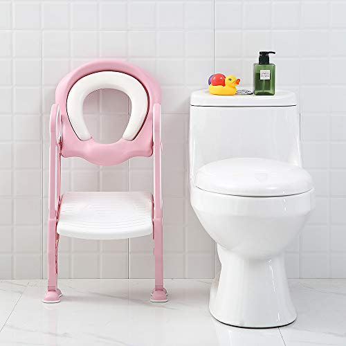 Toilettensitz für Kinder von 1 bis 7 Jahren, Toilettensitz mit Bogen, weiches Kissen und rutschfester Leiter, Toilettensitz für Babys, faltbar und höhenverstellbar (rosa und weiß)