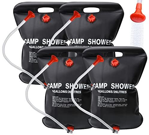 DkOvn 4 Pack Solar Shower Bag, 5 Gallons/20L Camping Shower Bag, Portable Shower Bag with Removable Hose and On-Off Switchable Shower Head for Camping Beach Swimming Outdoor Traveling