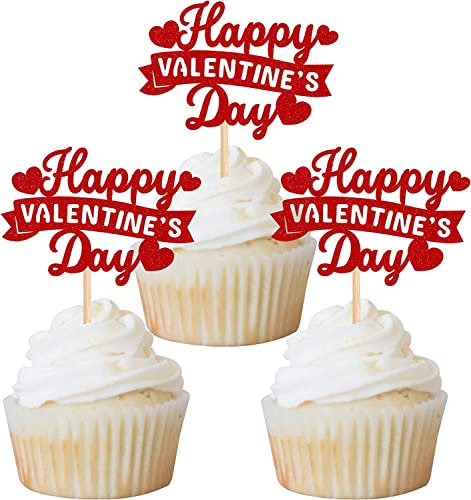 Xsstarmi 24 Pack Happy Valentine's Day Cupcake Toppers Red Glitter Sweet Love Cupcake Food Picks Valentine Cupcake Topper for Happy Valentine's Day Birthday Party Cake Decorations Supplies