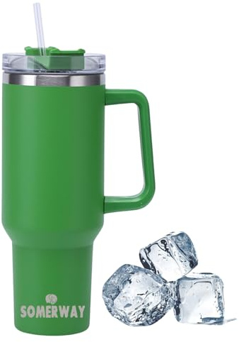 1182ml 40oz Kaffeebecher to Go, Doppelwandiger Edelstahl Vakuum Isolierbecher mit Griff und Stroh, Tragbare Autobecher Becher Tumbler Thermobecher Kaffeetasse für Heißer und Kalter Getränke