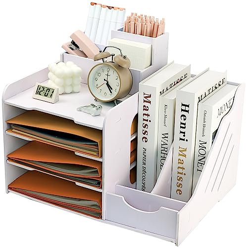 PLSOPPKG Wooden Desk Tidy Organiser, File Rack, Desk Tidy Storage, Office Stationery Rack Sorter for A4 Papers, Pens, Books and Letters, Document Holder with Vertical File Tray and Pen Holder