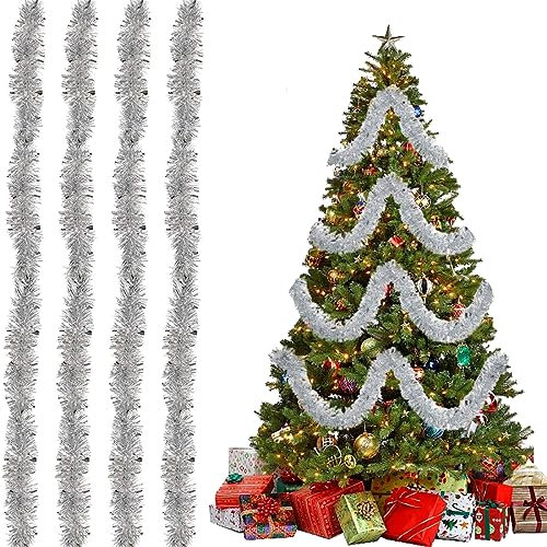 4 Stück Weihnachten Lametta Girlande, Metallische Lametta Girlanden, Girlande Weihnachten, Weihnachten Lametta Girlande, Weihnachtsbaum Hängende Dekorationen Für Weihnachten.(2 Meter, Silber)