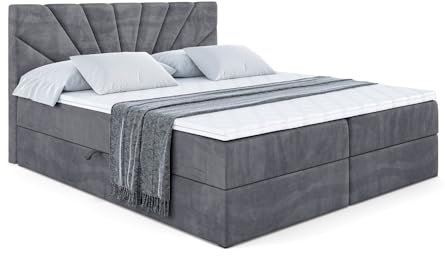 ALTDECOR Boxspringbett mit Multipocket-Matratze H4 (20 cm hoch) mit + PUR + Kokosmatte, Topper (5 cm hoch), Polsterbett mit Kopfteil und Bettkasten - MILTIO - 180x200 - Dunkelgrau Samt