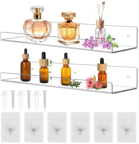 2 Pièces Etagères Flottantes Murale Transparent Étagère Sans Percer Acrylique Etagere Flottante Murale Étagère Mural Présentoir Étagère À Livres pour Chambre, Salle de Bains, Cuisine, Salon, Bureau
