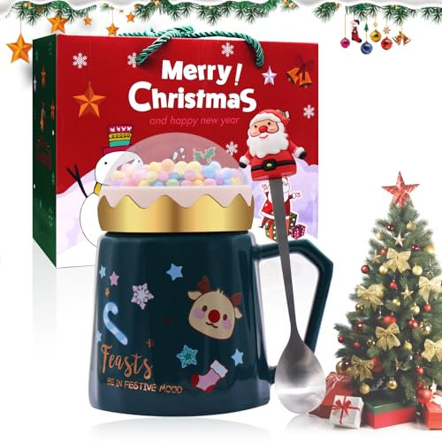 Horuili® Tazas de Cerámica de Navidad, Juego de Tazas de Navidad con Tapa y Cuchara, Taza de Café de Navidad, Bonita Taza de Navidad, Regalo para Padres, Amigos y Navidad, 420ml