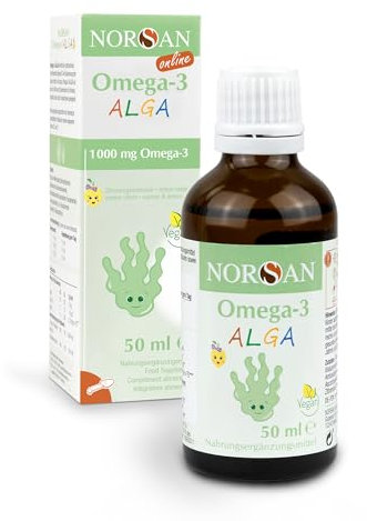 NORSAN Omega-3 ALGA Öl vegan 50ml / hochdosiertes Omega-3 vegan für Kinder 1.000 mg pro Portion/Omega-3 Algenöl reich an DHA/Tagesdosis 2 ml ab 35 kg Algenöl Omega-3 ALGA Öl vegan