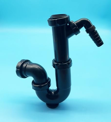 Sifon Curvo de Fregadero con Toma de Electrodomestico color Negro | Sifon Curvo Extensible, con salida Horizontal con Racor