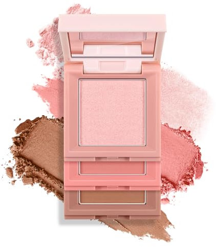 Apooliy Blush Highlighter Contour 3 in 1 Makeup Palette, polvere compatta opaca, scintillante e luminosa, bronzatore altamente pigmentato