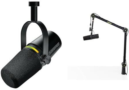 Shure MV7+ Podcast Mikrofon-Verbessertes Audio, LED-Touchpanel by Gator Deluxe Podcast Gelenk-Mikrofonarm mit Kabelkanal, schwarz (SH-BROADCAST1)