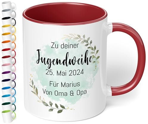 Geschenk zur Jugendweihe Konfirmation für Mädchen & Jungen: Tasse personalisiert „Zu deiner WUNSCHTEXT“ – Blätter-Motiv – Keramik 330ml Kommunion Firmung Taufe (Bordeaux)