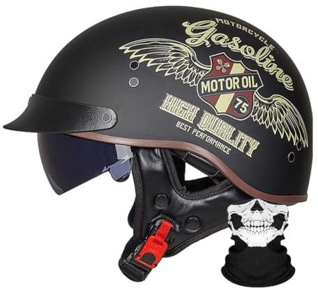 RQTEUYE Mezzo Casco, retrò Moto Jet Caschi ECE Omologato, Demi-Jet Casco Scodella con Pare-Soleil Rétractable per Elicottero da Pilota Chopper Vintage per Moto Cruiser M-XXL