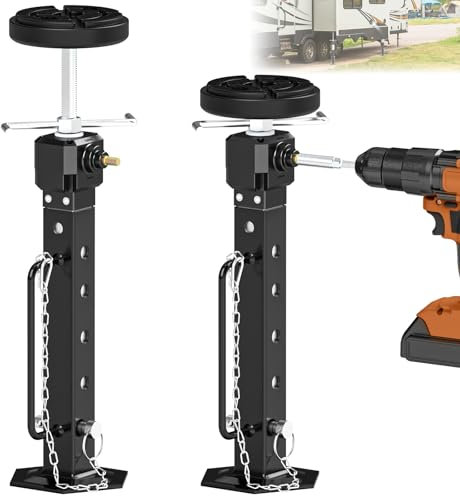 Crics stabilisateurs de remorque de camping-car améliorés ajustés de 35,1 à 68,1 cm avec coussinet en caoutchouc pour terrasse de camping-car, boîte de vitesses en aluminium (perceuse électrique