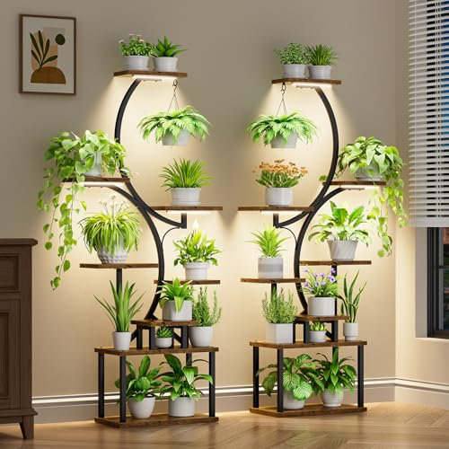 BACEKOLL Plant Stand Indoor with Grow Light - 2 Pack Tall Indoor Plant Shelf, 62 Corner Plant Holder, 8 Tiered Large S-Shape Flower Multiple Display Shelf for Home, Office