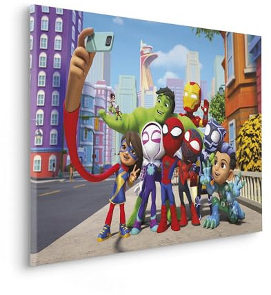 Komar Keilrahmenbild - Spidey and His Amazing Friends Selfie - Größe 90 x 60 cm - Leinwandbild, Bild, Kinderzimmer, Marvel, Bunt