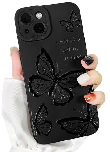 NITITOP Compatible for iPhone 14 Plus Case Cute Cool Butterfly Black Design for Girls Women Soft TPU Shockproof Protective Girly for iPhone 14 Plus - Four Butterflies