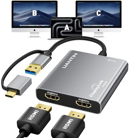 UANTIN USB C to HDMI Adapter for Mac M1/M2/M3, 4K@60Hz DisplayLink (DL6950) Adapter for Dual Monitor, HDMI Splitter Extended Display Adapter for MacBook Air/Pro, Laptop, Driver Required