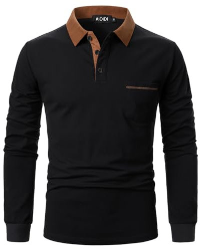 AIOIDI Polos Hommes Adultes Manches Longues Hauts en Coton T-Shirts de Golf avec Poche Réelle Noir L