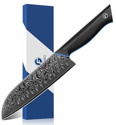 FINTISO Damascus Santoku Knife 7 Inch, 67-Layer Japanese Damascus Steel Chef Knife with Ergonomic Full Tang G10 Handle, Super Sharp Kitchen Knives with Gift Box - Zeus Series
