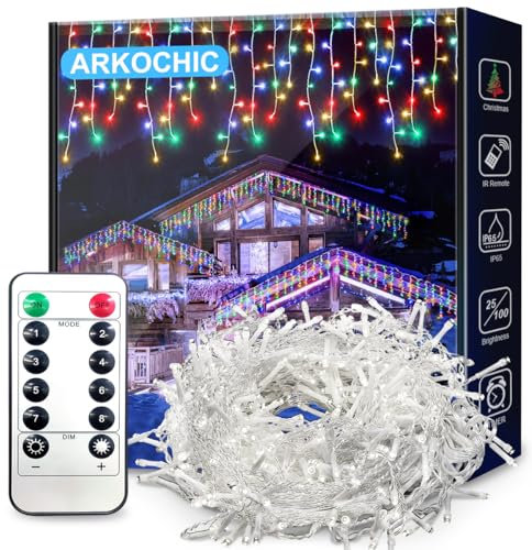 ARKOCHIC Lichterkette Eisregen Außen, 30M 1200er LED Lichtervorhang LED mit Fernbedienung, IP65 wasserdicht 8 Modi für Innen Außen Weihnachten, Schlafzimmer, Party, Hochzeit, Balkon, Garten Deko（Bunt）