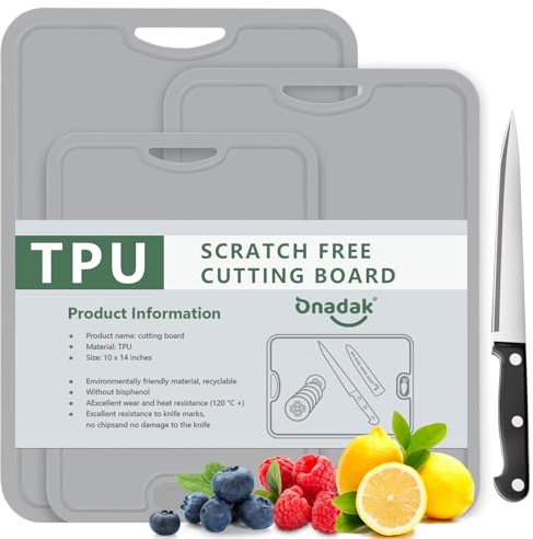 Onadak 3 Pack TPU Cutting Boards with Knife and Juice Groove，Lightweight Cutting Boards for Kitchen，Flexible Chopping Boards for Kitchen，Knife Mark Resistant, BPA-Free, Dishwasher Safe