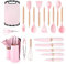 Kitchen Utensil Set, Kitchen Knife Sets with Block and 11 PCS Cooking Utensils Set,Heat Resistant Silicone Utensils, 6 Piece Stainless Steel Knive Set with Whisk Tongs and Cutting Board (Pink)
