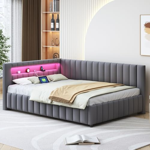 KUAKE Polsterbett Schlafsofa 140x200, Samtstoff mit LED-Licht und USB-Ladeanschluss, mit Rückenlehne, Kopfteil und stabilem Bettrahmen (Dunkelgrau)