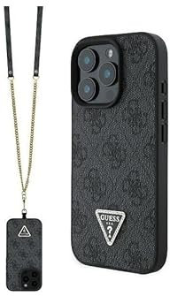 Cover per iPhone 16 Pro Max con cinturino, con logo e design in pelle approvata dal marchio globale Guess. Da CG-MOBILE. (nero)