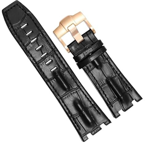 honyeuk 28 Mm Echtes Krokodilleder-Uhrenarmband Für AP 15703 Royal Oak Offshore-Uhrenarmbänder(Black-rosegold)
