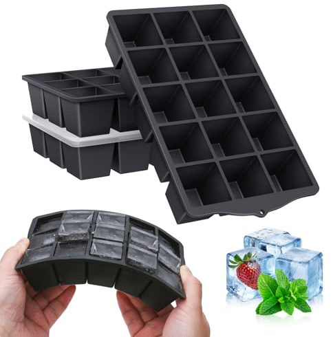 YUNISS Ghiaccio Stampo Silicone con Coperchio, 4 Pezzi Vassoio per Cubetti di Ghiaccio Senza BPA, Grande Stampi Ghiaccio in Impilabile per Cocktail, Whisky, Vino, Puree di Frutta, Gelati -Nero