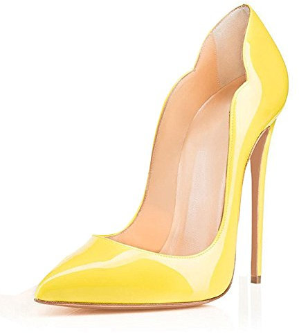 EDEFS Women Pumps Slip On Pointed Toe Flower Heels Stiletto High Heel 3.5 Inches Patent Leather for Party Weddings Gala Giallo EU38