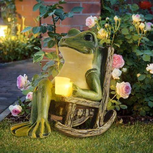JOAASU Frosch Figuren Draußen Deko, Frosch Statuen mit Solar LED Lampe, Statue Draußen Dekoration, Ornamente für Garten, Balkon, Terrasse, Geschenke für Frauen und Männer, Grün