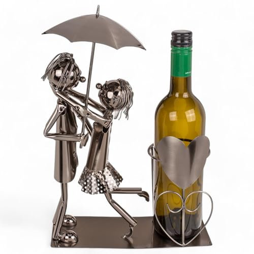 MIJOMA Porte-bouteille de vin couple d'amoureux - Art en métal fait à la main, porte-bouteille décoratif romantique pour vin, décoration élégante (29 x 27 cm - Romantique sous la pluie)