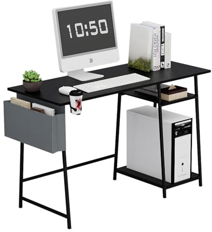 Computer Desk, 110CM Gaming Desks, Bureau de Travail with 2 Tier Shelves, Large Study Table, Wood Vanity Tbales with Metal Frame, for Bedroom, Livingroom, Office, Black
