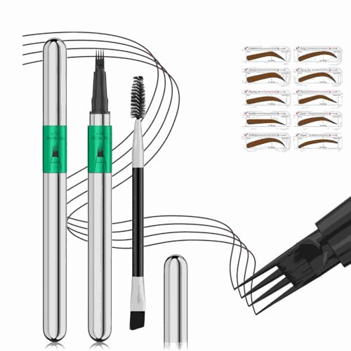 Wasserdichter Augenbrauenstift mit 4 Kammspitzen & Ultrafeiner Spitze - Verwischfeste & Schweißresistente Formel für Natürliche Haarbügel-Striche, Schablone & Profi-Bürste (Dunkelbraun)