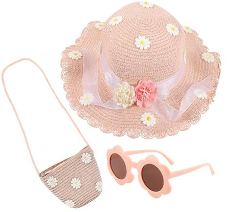 KDFSSIPE 3 Piezas Sombrero para el Sol para Niñas Gafas de Sol Mini Bolso de Paja con Flores Sombreros de Paja para la Playa de Verano Actividades al Aire Libre, Rosa
