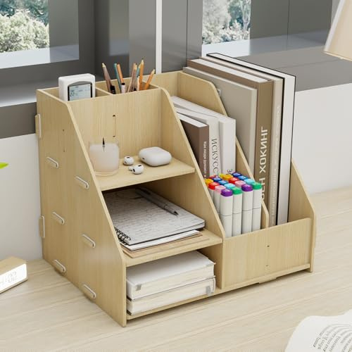 PUNCIA 3 Tiers Office Wood Desk Organizer Letter Tray A4 Paper Sorter Magazine File Holder with Vertical Horizontal Stationery Supplies Storage Box Desktop Binder Folder Mail Document Rack