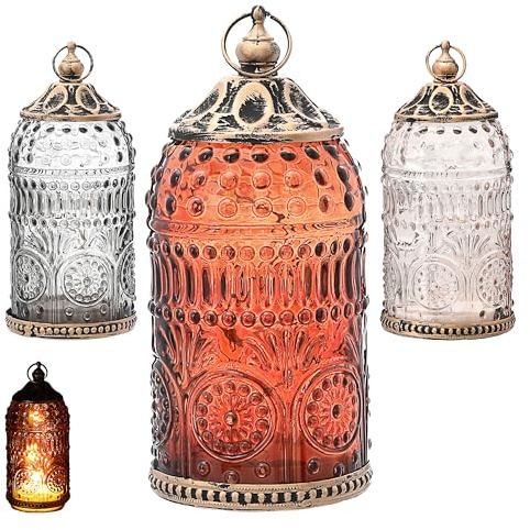 LED Leuchte 3er Set orientalische Ornamente | Glas Metall Ø7,5cm H15cm grau braun rosé | Windlicht 5 LEDs batteriebetrieben(3er Set LED Leuchte Ø7,5xH15cm grau braun Rose)