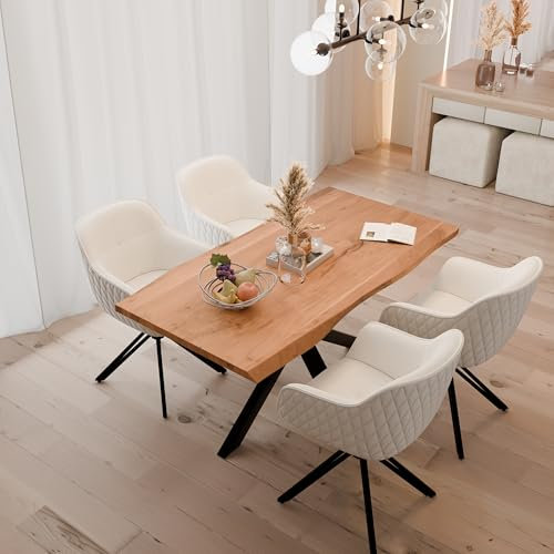 Linele® Essgruppe – Baumkantentisch mit 4 Stühlen – Massivholz Esstisch aus Akazienholz mit Spider-Gestell – 360° drehbare Stühle mit Samtbezug, PVC-frei & Oeko-TEX® Zertifiziert (Beige, 160 x 85 cm)