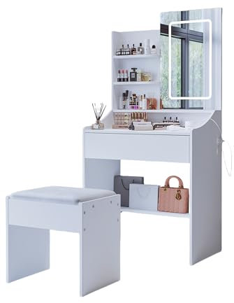 Dressing Table, Vanity Table with Mirror and Stool, Vanity Desk with LED Lights and Adjustable Brightness, Makeup Desk with Power Outlet, 3 Shelves, 1 Drawer, Makeup Table for Bedroom, White