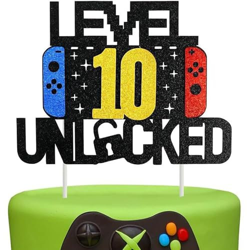 Gleemix Videospiel Tortendeko 10. Geburtstags Jahre, Deko 10 Geburtstag Junge Cupcake Topper, Glitter Spielkonsolen Themen Kuchenaufsatz,Happy Birthday Deko für 10th Jahre Junge und Mädchen Geburtstag